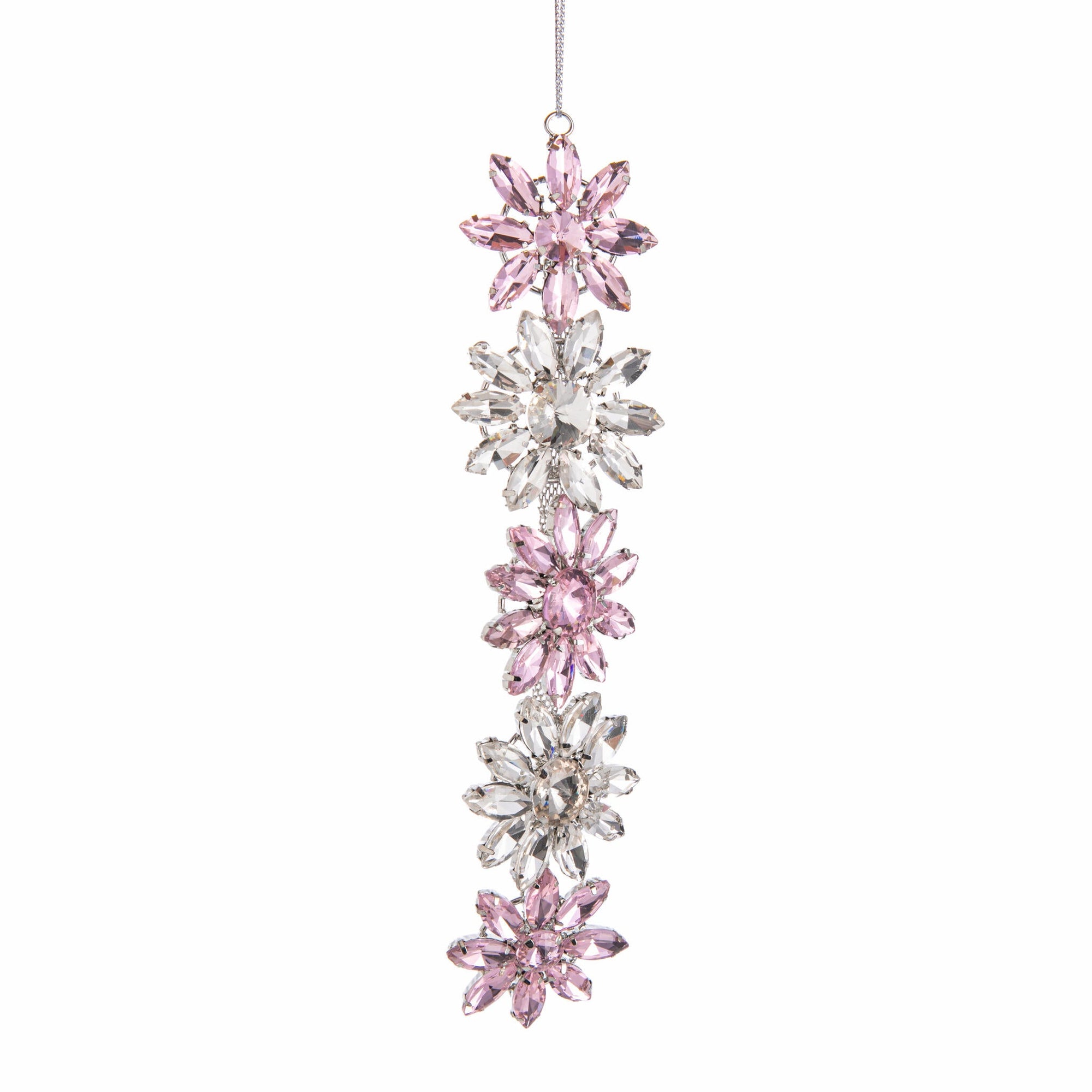 Decorative hanging ornament with pink and clear crystal flowers on a white background