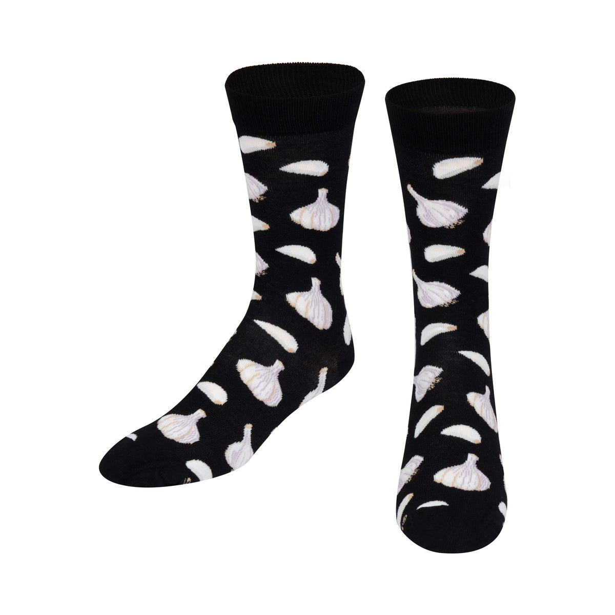 A pair of black crew socks with a white garlic bulb pattern, displayed against a solid white background.