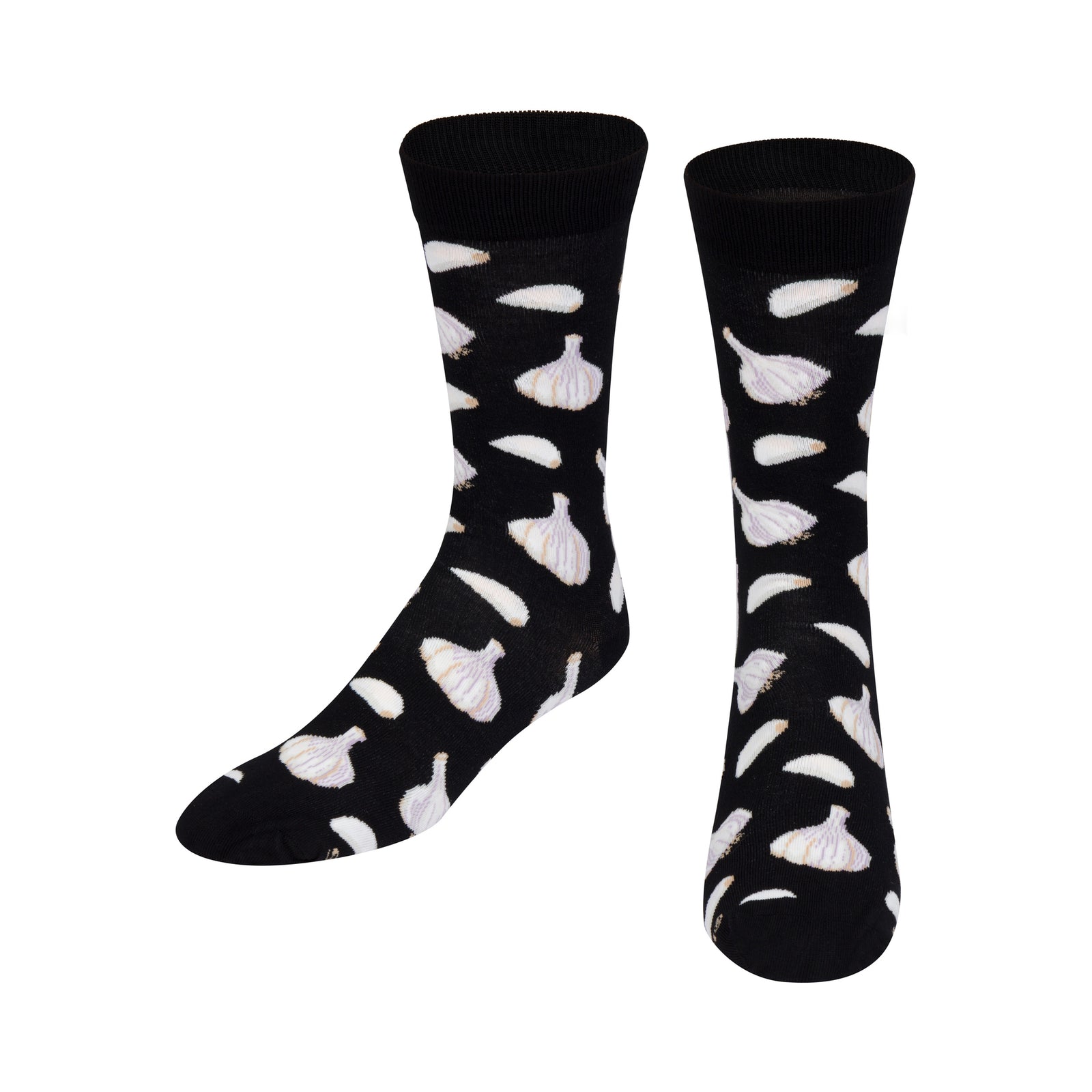 A pair of black crew socks with a white garlic bulb pattern, displayed against a solid white background.