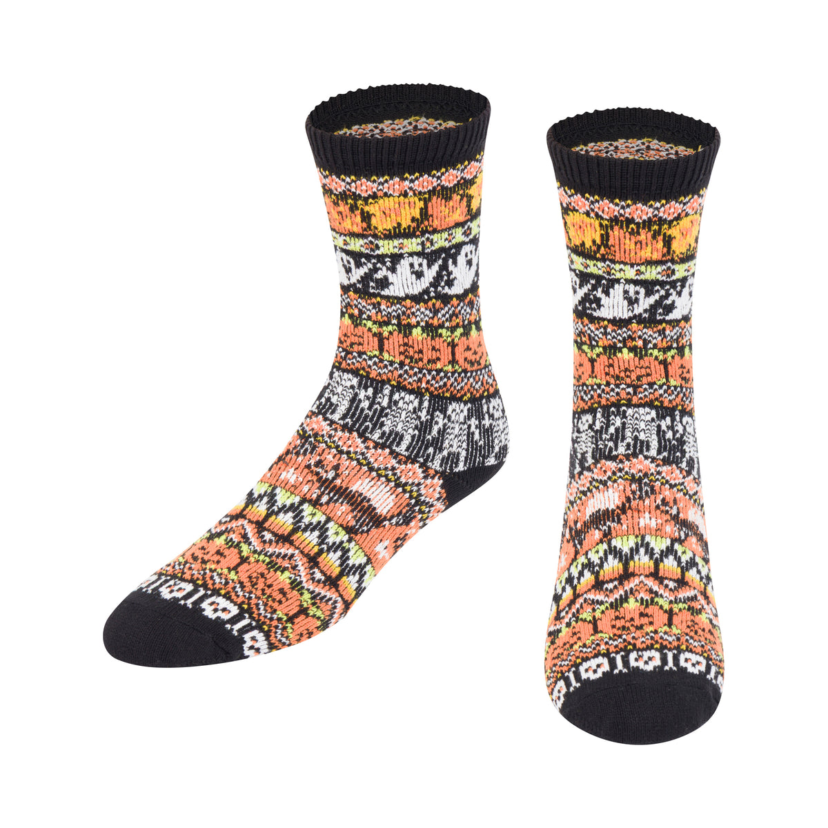 A pair of crew socks with a colorful Fair Isle, Halloween themed knit pattern featuring pumpkins, ghosts, skeletons, and leaf motifs, shown against a plain white background.