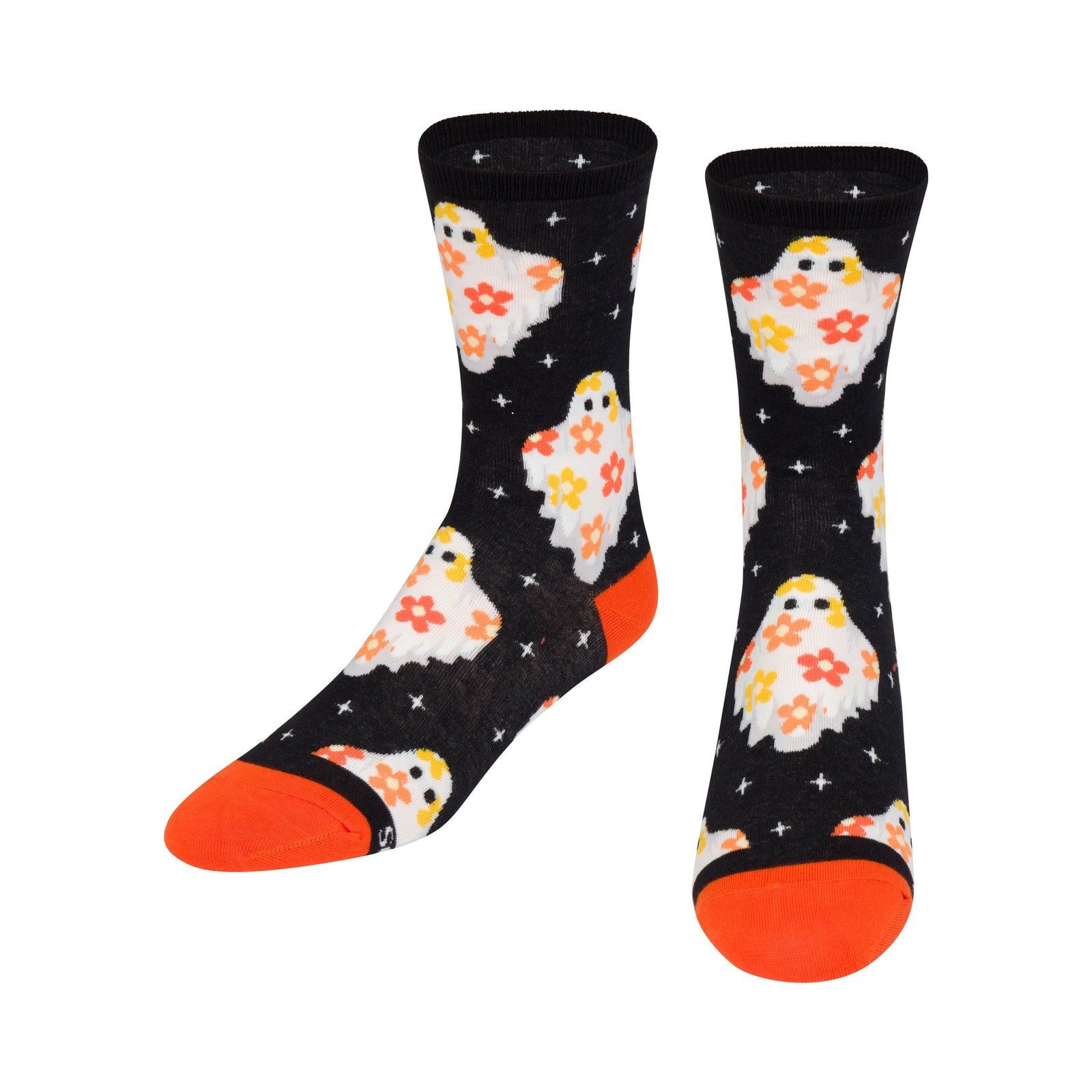 A pair of black crew socks with a repeating pattern of white ghosts holding orange and yellow flowers, accented with bright orange toes and heels, shown on a plain white background.