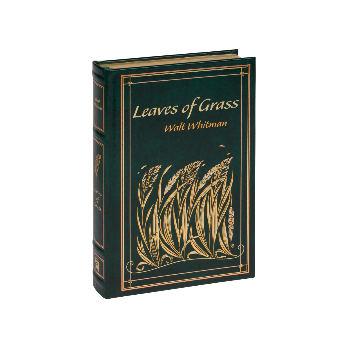 Book titled 'Leaves of Grass' by Walt Whitman with green cover and gold text on a white background