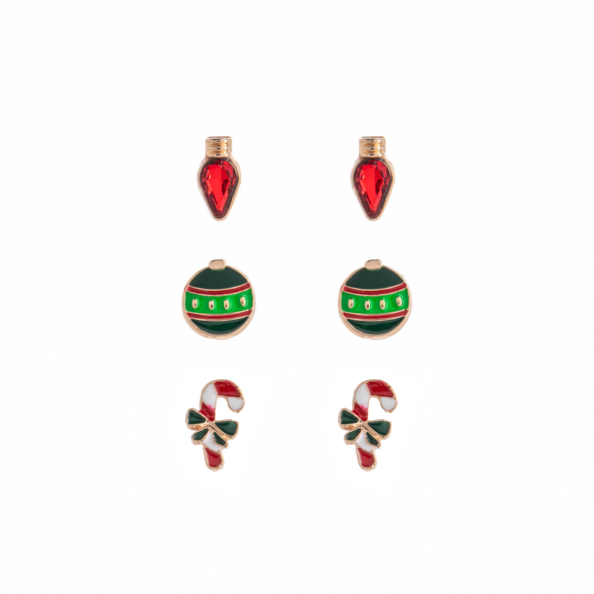 Set of festive earrings including Christmas ornaments, candy canes, and red string light shapes on a white background.
