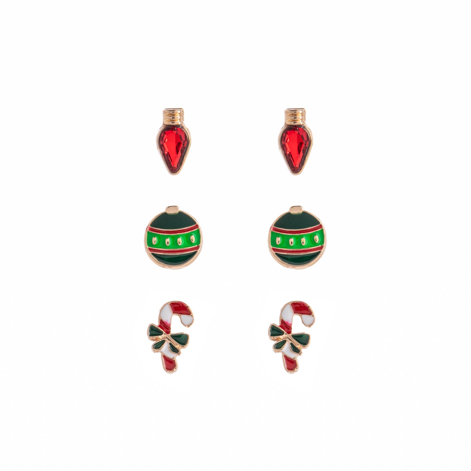 Set of festive earrings including Christmas ornaments, candy canes, and red string light shapes on a white background.