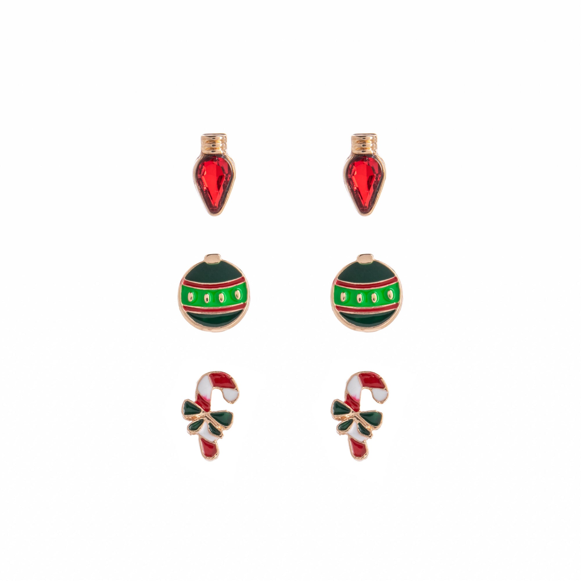 Set of festive earrings including Christmas ornaments, candy canes, and red string light shapes on a white background.