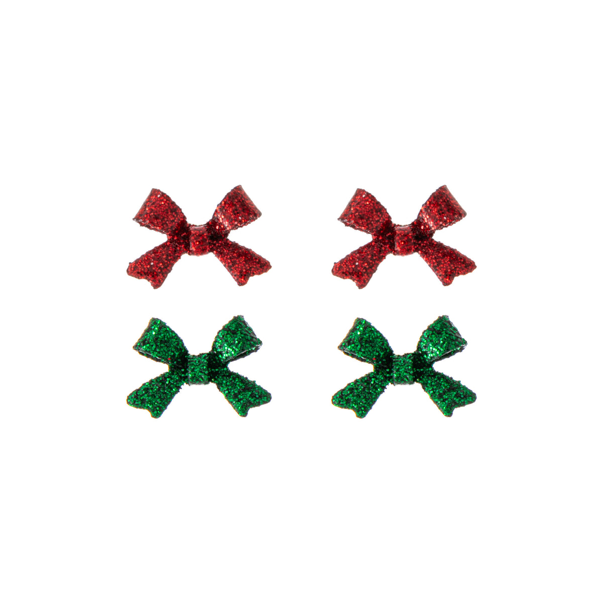One pair of red and one pair of green glittery bow earrings on a white background