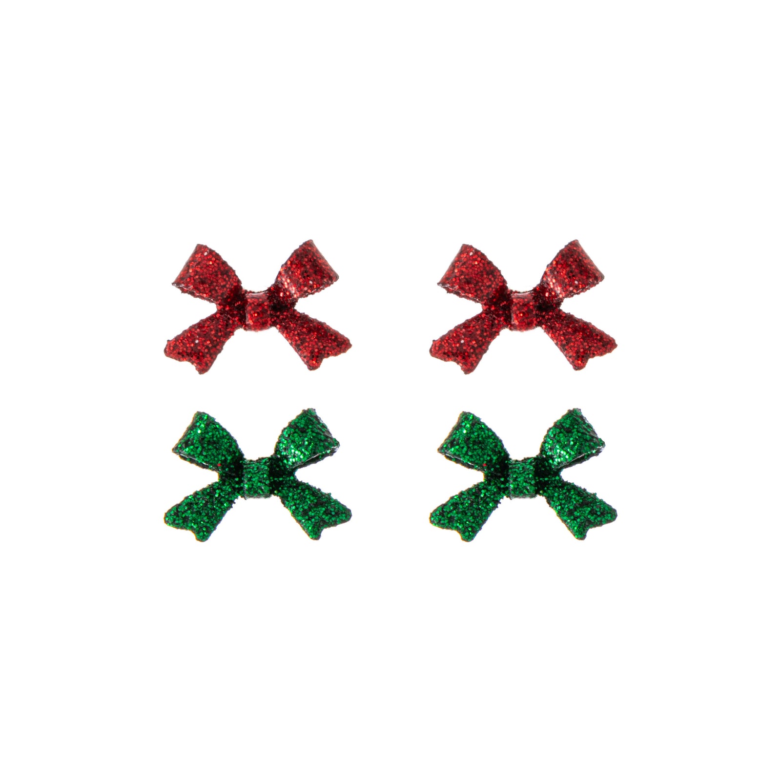 One pair of red and one pair of green glittery bow earrings on a white background