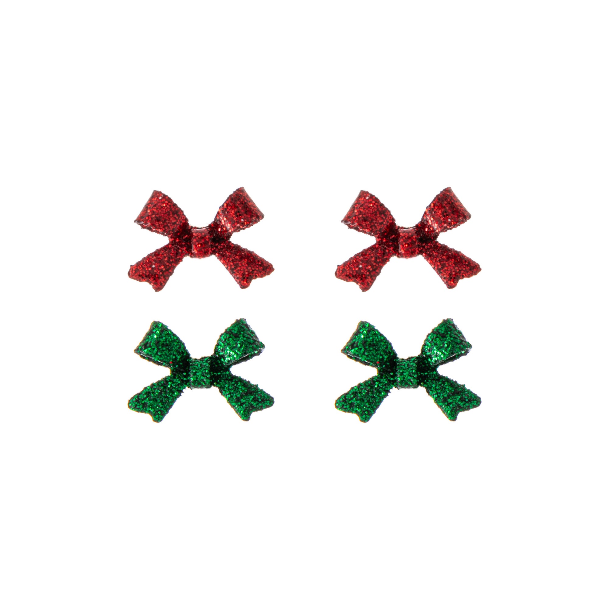 One pair of red and one pair of green glittery bow earrings on a white background