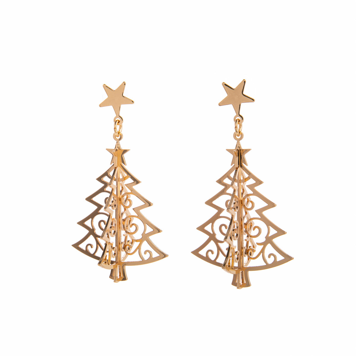 Gold Christmas tree earrings with star tops on a white background