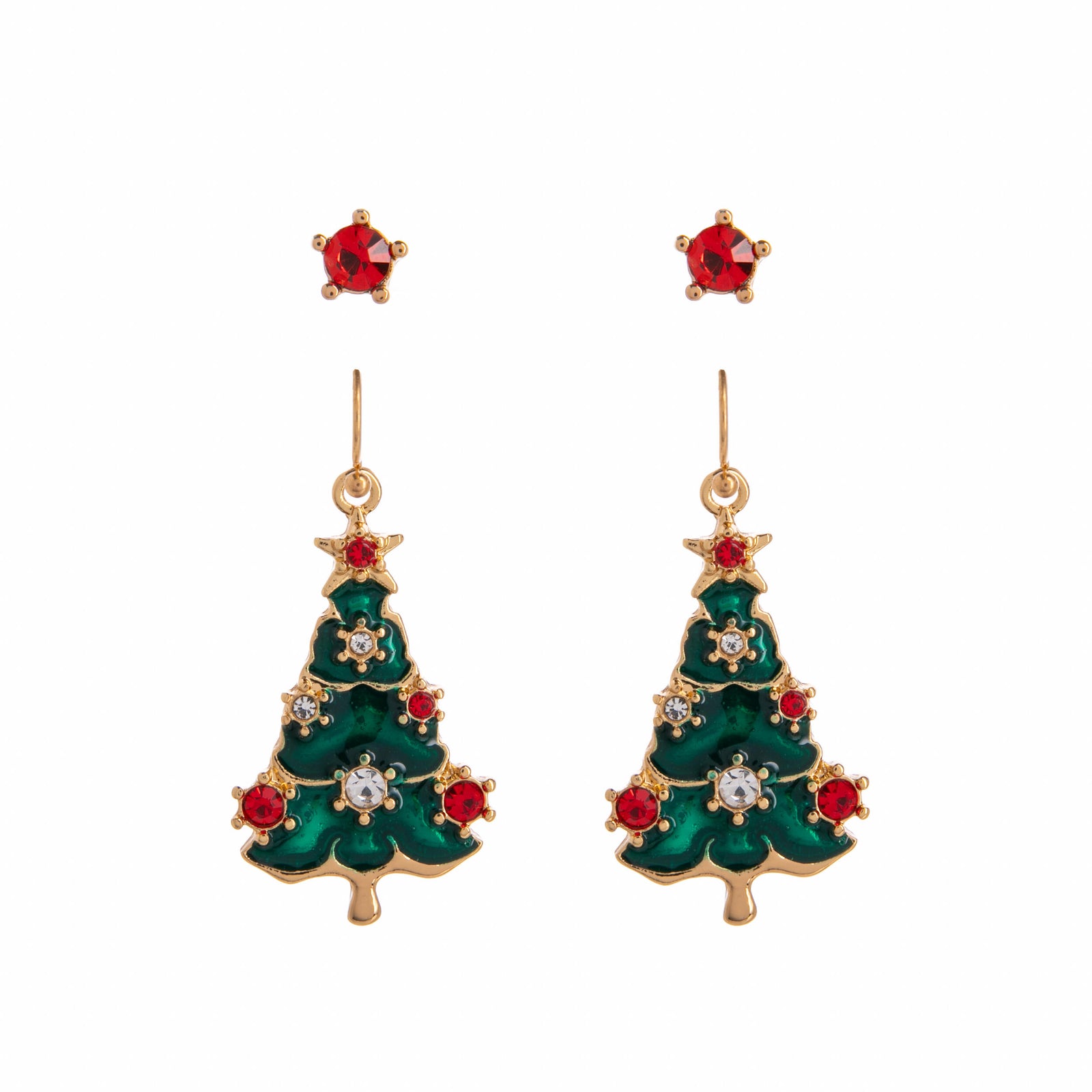 Christmas tree earrings with green, red, and gold colors on a white background