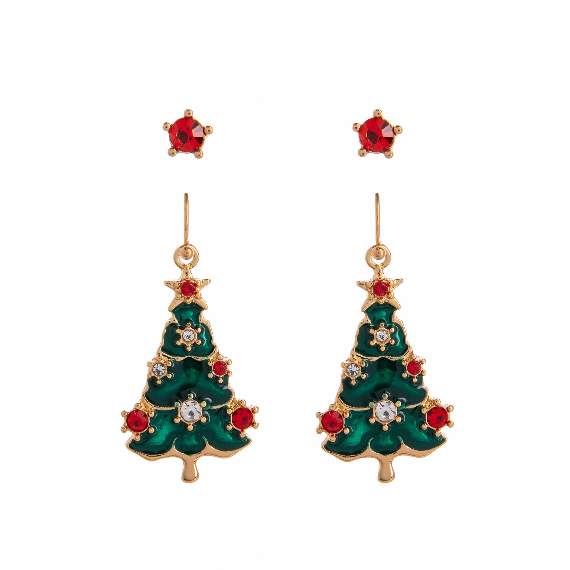 Christmas tree earrings with green, red, and gold colors on a white background