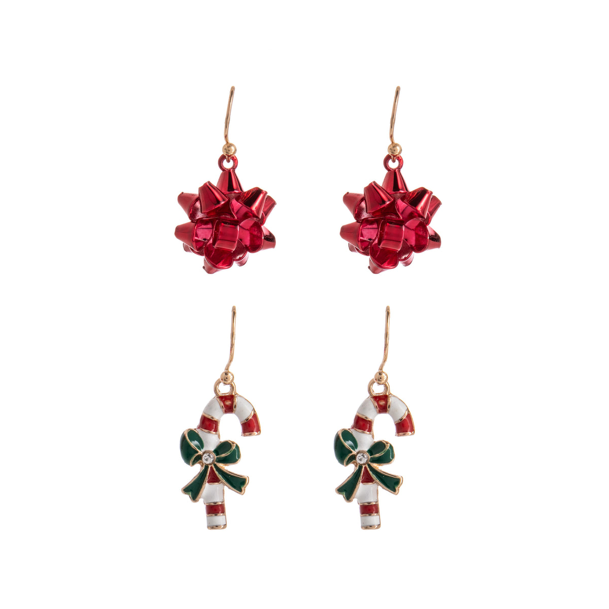 Set of red bow-shaped earrings, and candy-cane shaped earrings on a white background