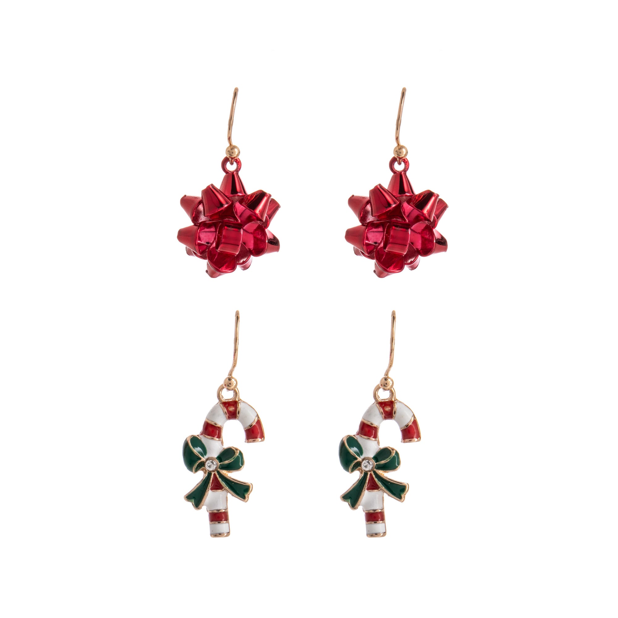 Set of red bow-shaped earrings, and candy-cane shaped earrings on a white background