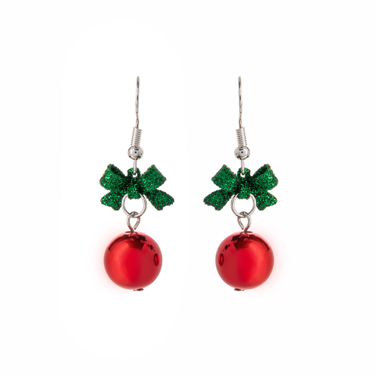 Pair of red Christmas ball earrings with green bows on a white background