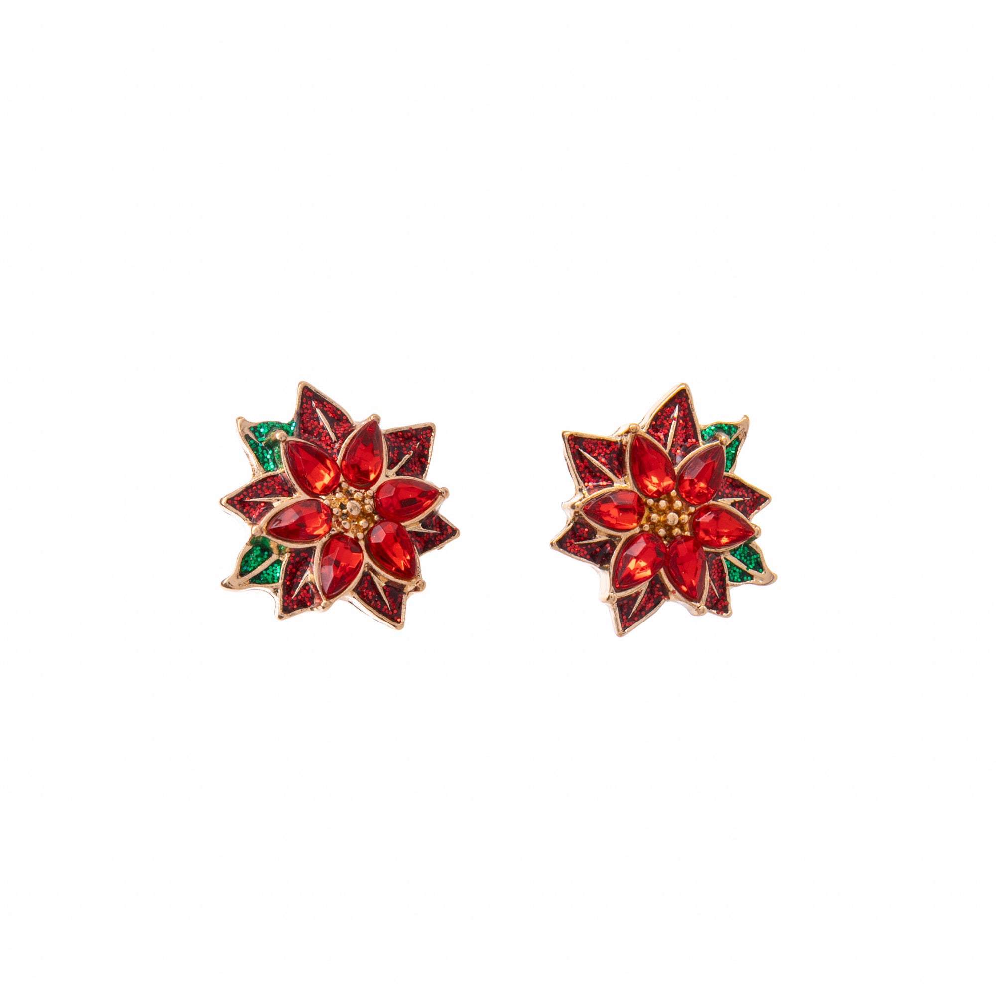 Red floral poinsettia earrings with gold and green accents on a white background