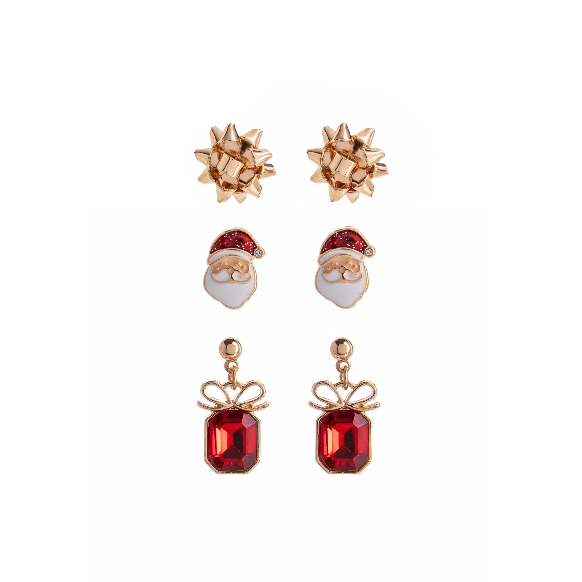 Set of festive earrings with Santa Claus faces and red gemstones on a white background