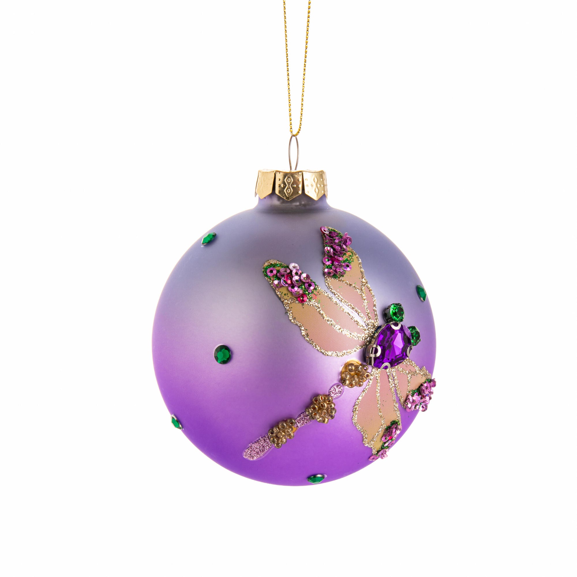Purple bauble ornament with a gold beaded dragonfly on a white background.