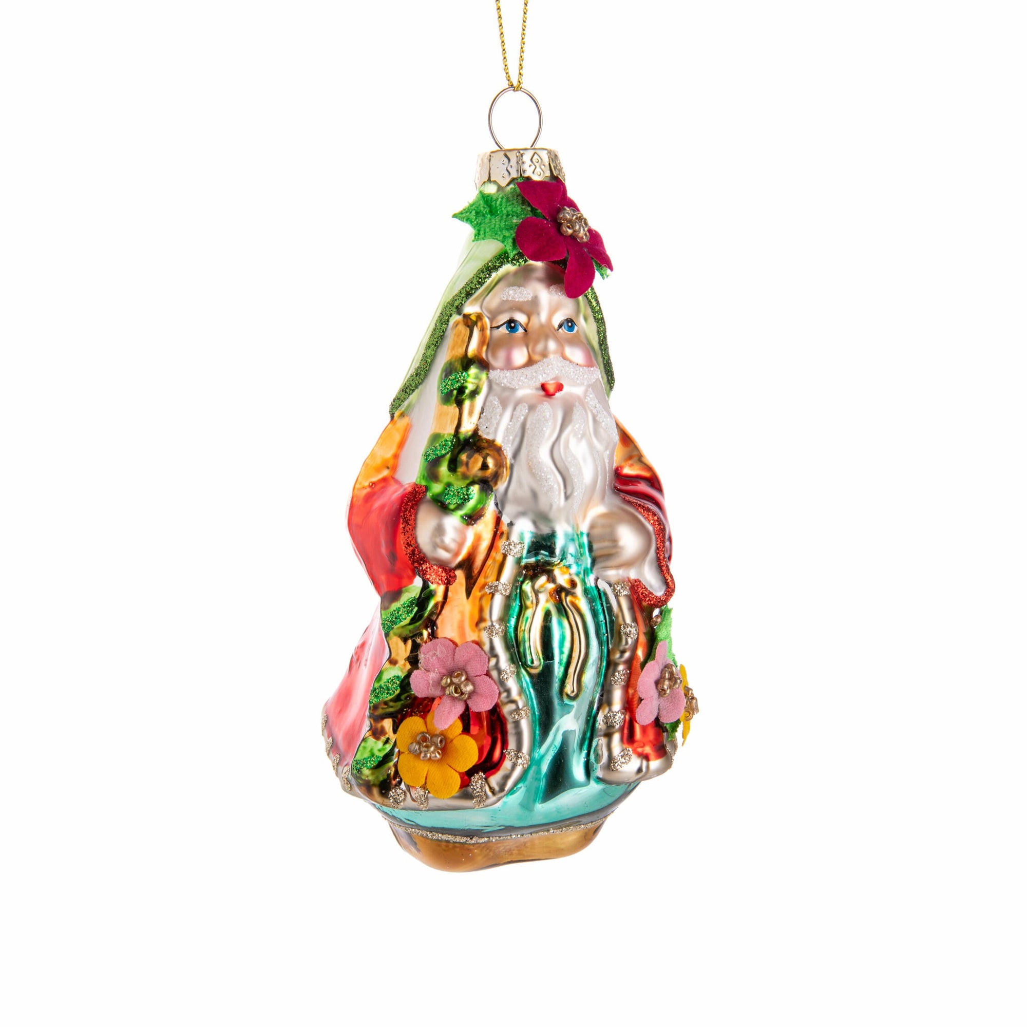 Colorful glass ornament of a Santa Claus figure with floral decorations on a white background