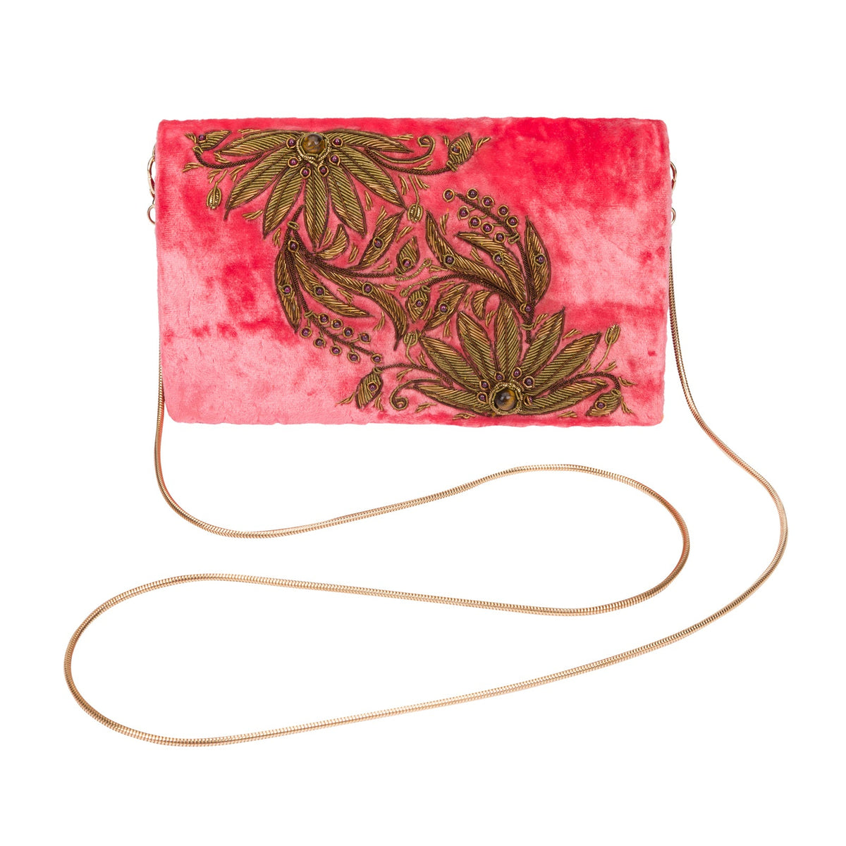 A rectangular pink velvet clutch bag with an embroidered floral pattern in olive green and gold, featuring a thin gold chain strap, shown on a plain white background.