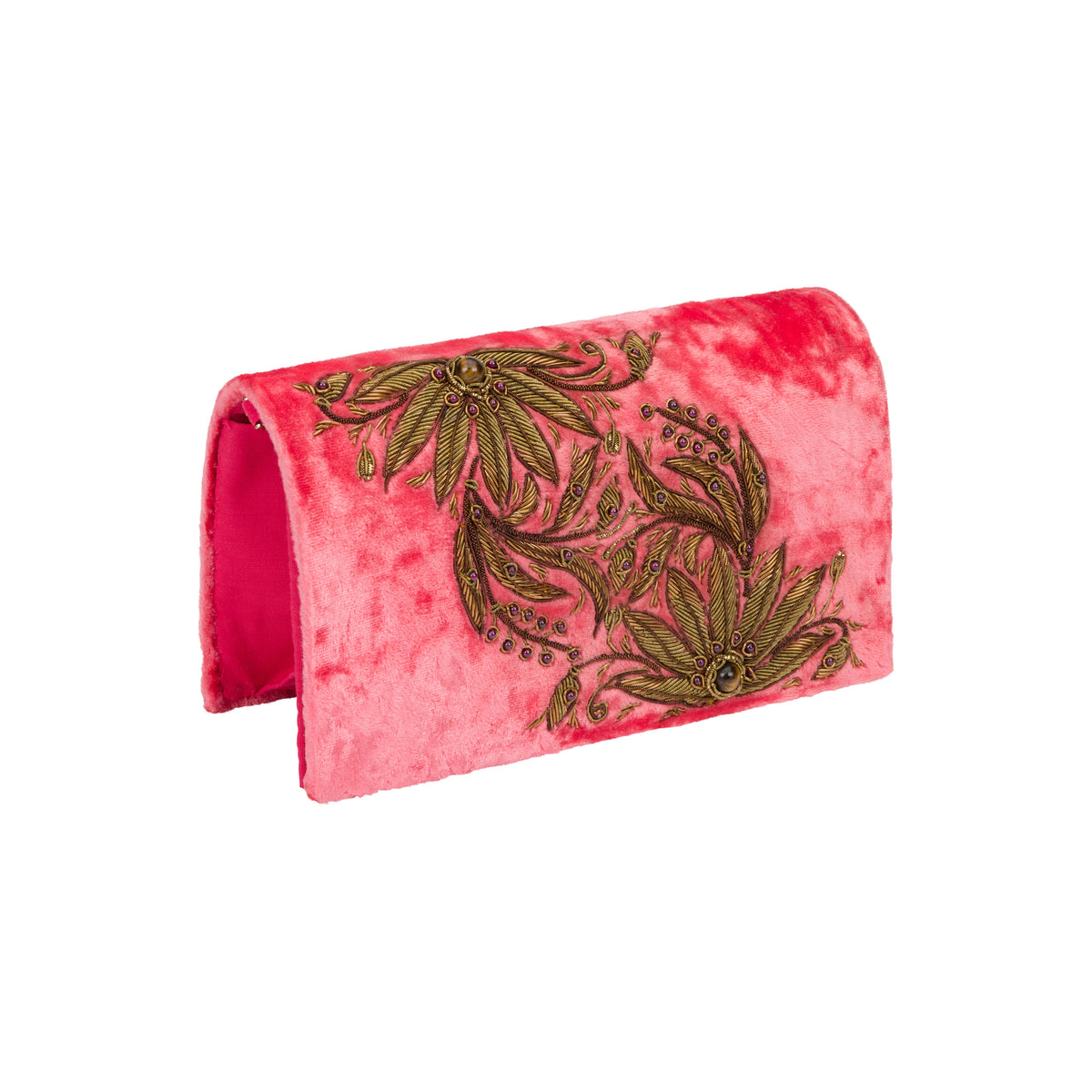 CREAMSICLE CORAL VELVET CLUTCH WITH ZARDOZI EMBROIDERY AND GEMSTONES