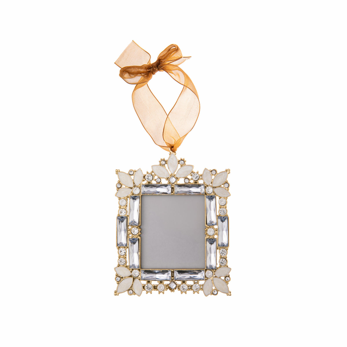Decorative square photo frame with gold and diamante accents and a ribbon  hanger on a white background
