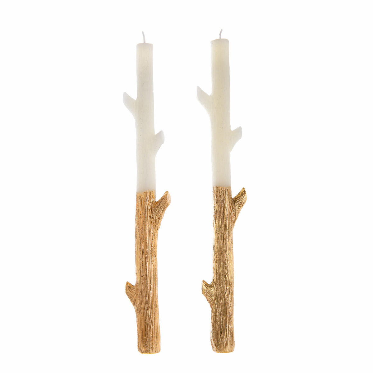 Two candle tapers shaped like branches with a gold-dipped bas on a white background