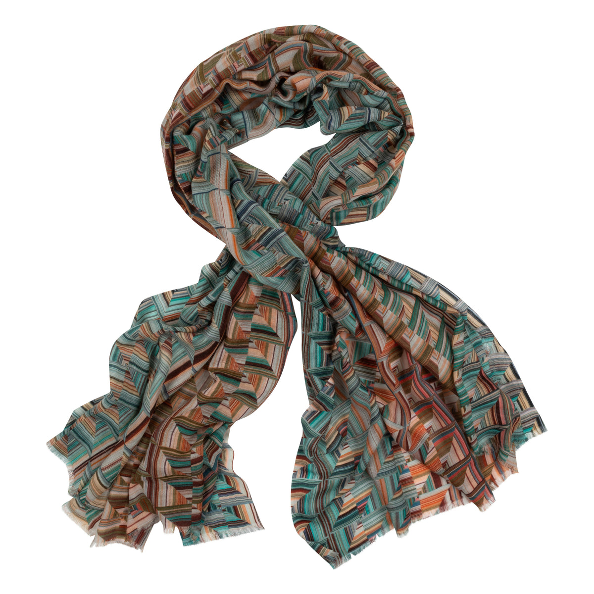 A lightweight scarf with a multicolor geometric pattern featuring shades of teal, orange, brown, and beige, styled in a loose knot on a solid white background