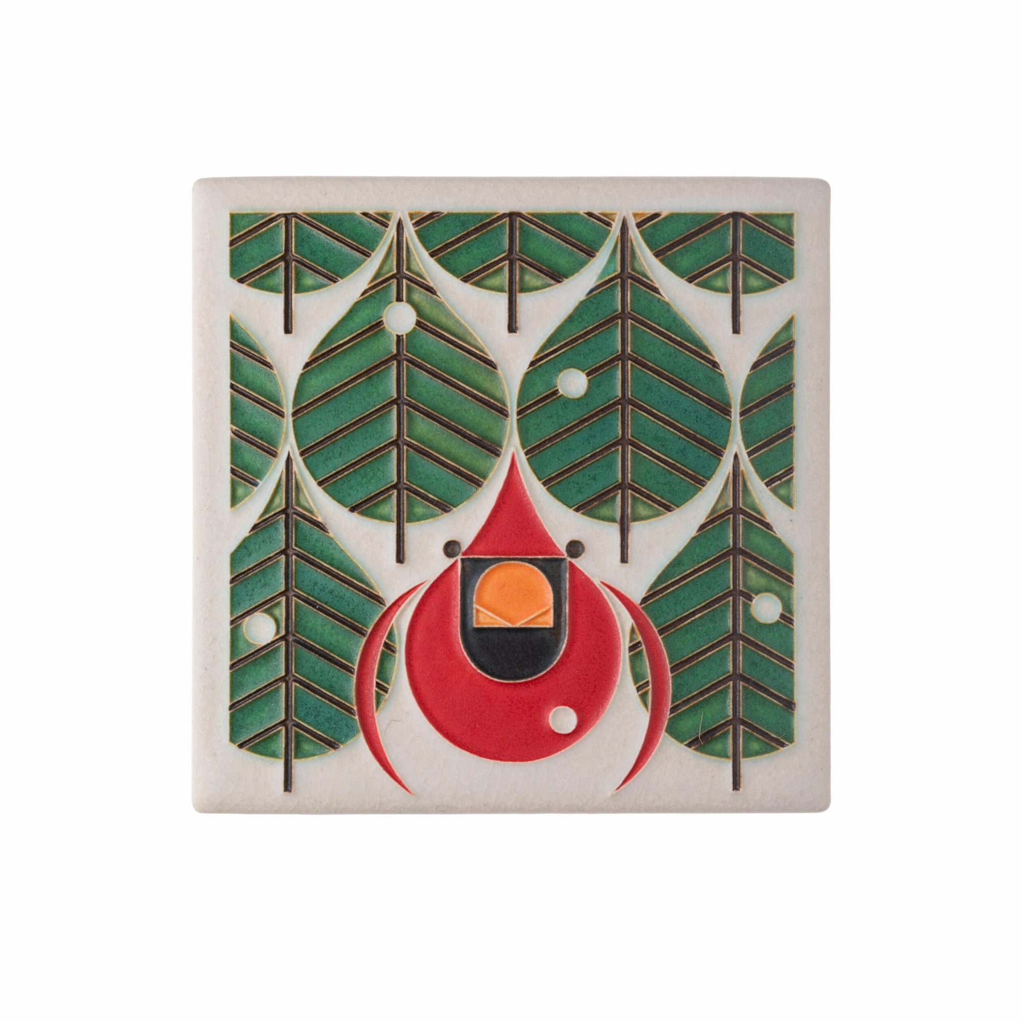 Decorative tile with red cardinal bird design and green leaf patterns on a white background