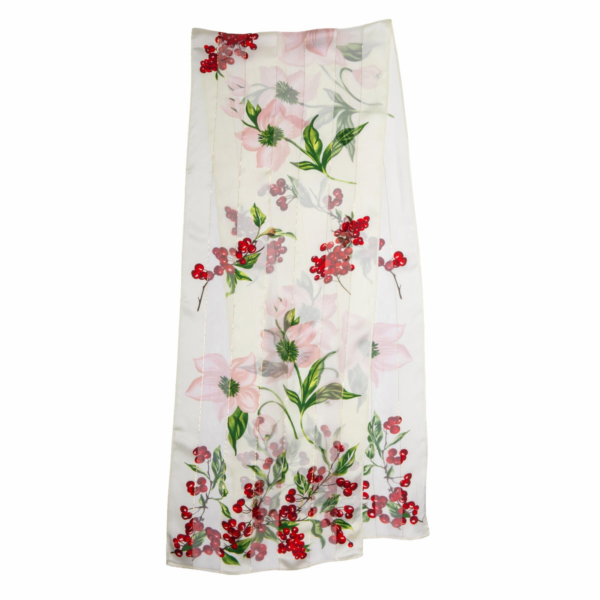Patterned silk scarf with pink amaryllis flowers, red berries and green leaves on a white background