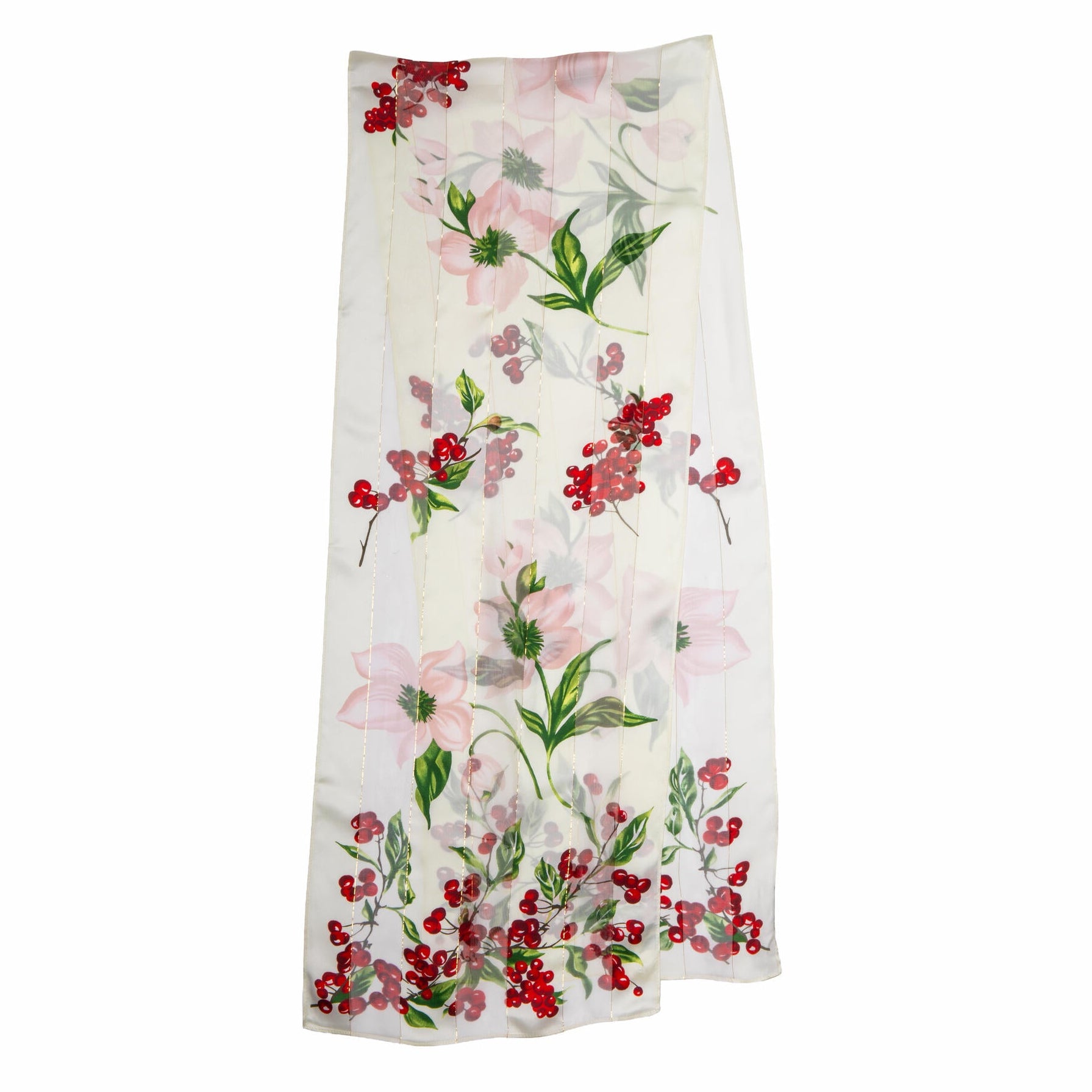 Patterned silk scarf with pink amaryllis flowers, red berries and green leaves on a white background