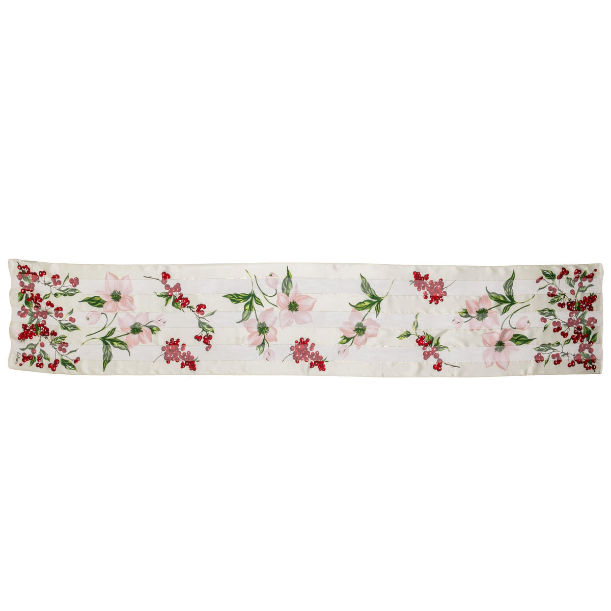 Patterned silk scarf with pink amaryllis flowers, red berries and green leaves on a white background