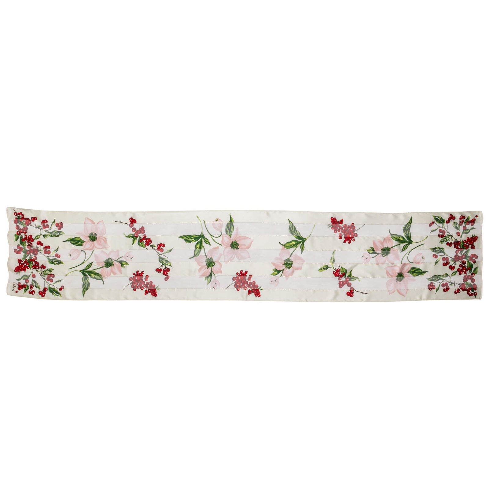 Patterned silk scarf with pink amaryllis flowers, red berries and green leaves on a white background