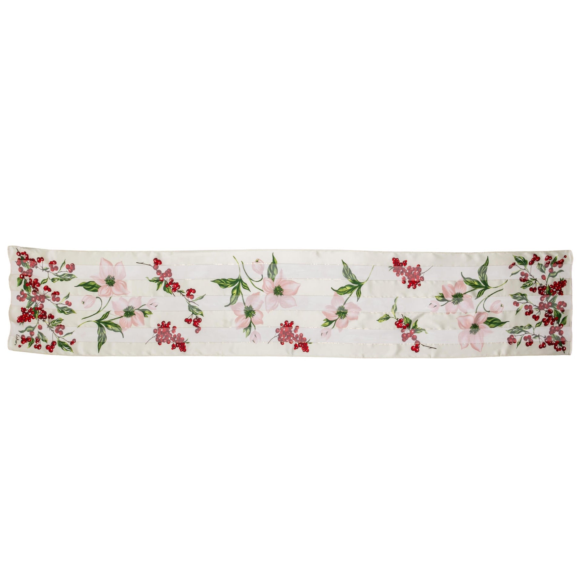 Patterned silk scarf with pink amaryllis flowers, red berries and green leaves on a white background