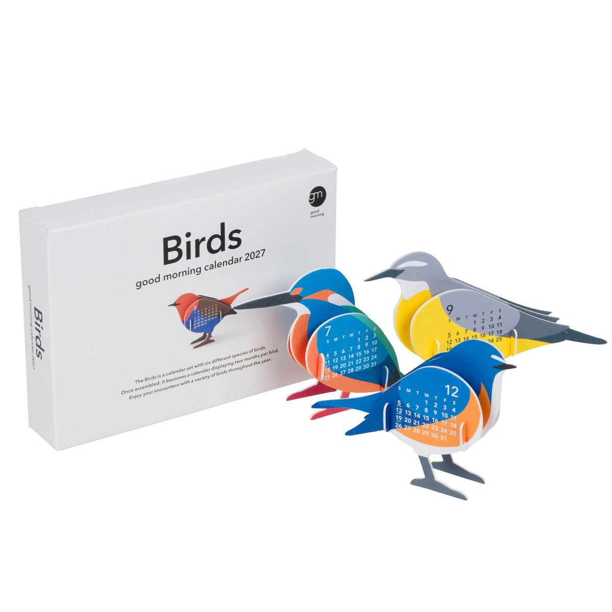 Bird-themed calendar set with colorful bird designs and a white box packaging on a white background.