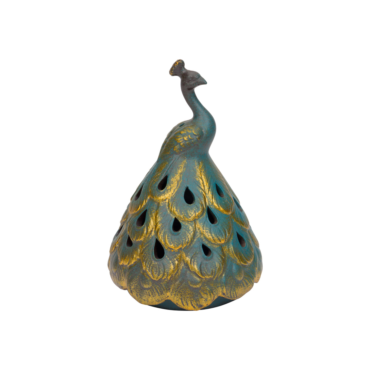 A decorative peacock incense stand with a teal-blue body and golden metallic feather details, shown against a plain white background.