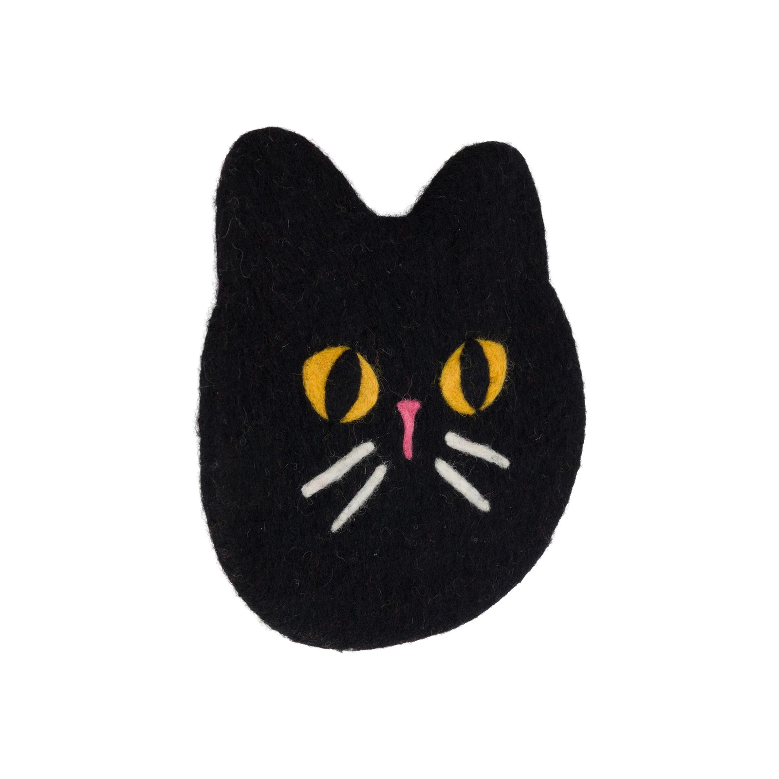 Black cat-shaped trivet with yellow eyes and a pink nose on a white background