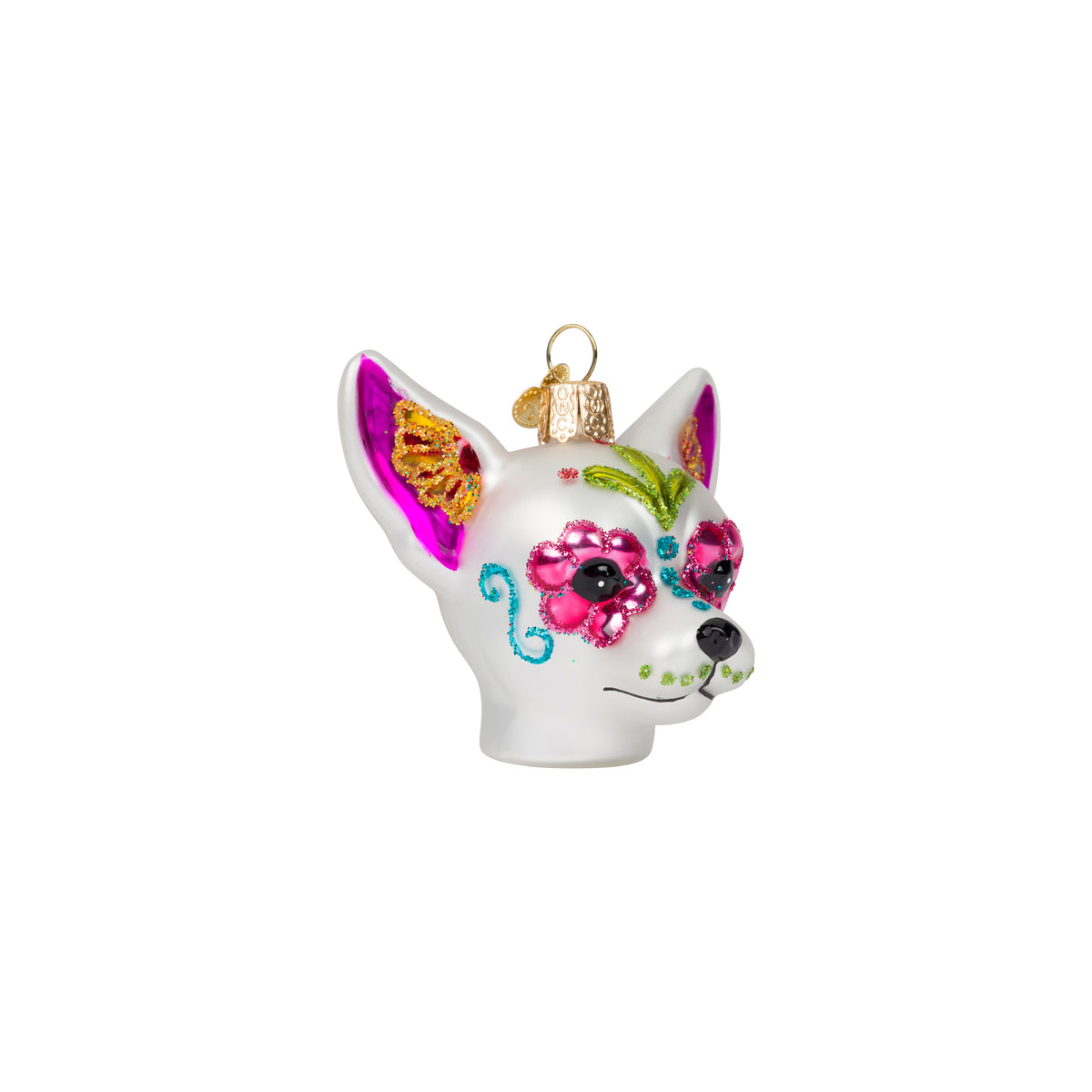 A glass ornament of a chihuahua dog with 'day of the dead' style make-up on a white background.