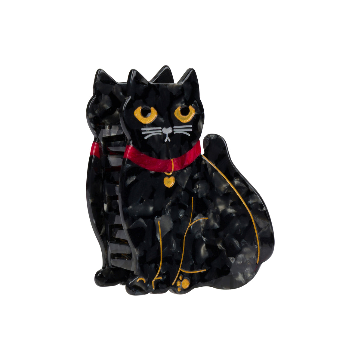 A black tortoiseshell cat-shaped hair clip with yellow eyes, a red collar, and gold accents, shown on a plain white background.