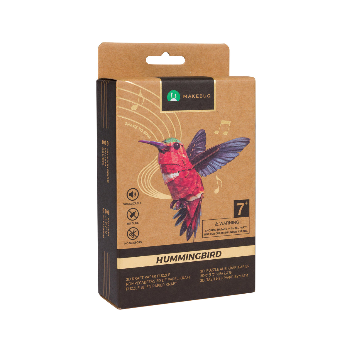 Packaging of a hummingbird craft paper puzzle with Makebud branding on a white background