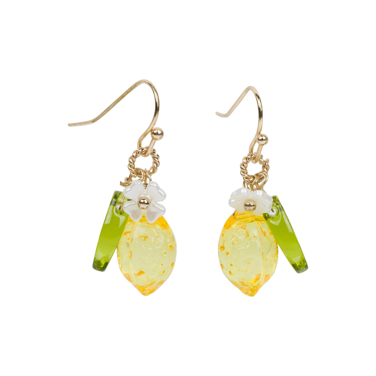 Gold earrings with yellow lemon drops and floral elements on a white background