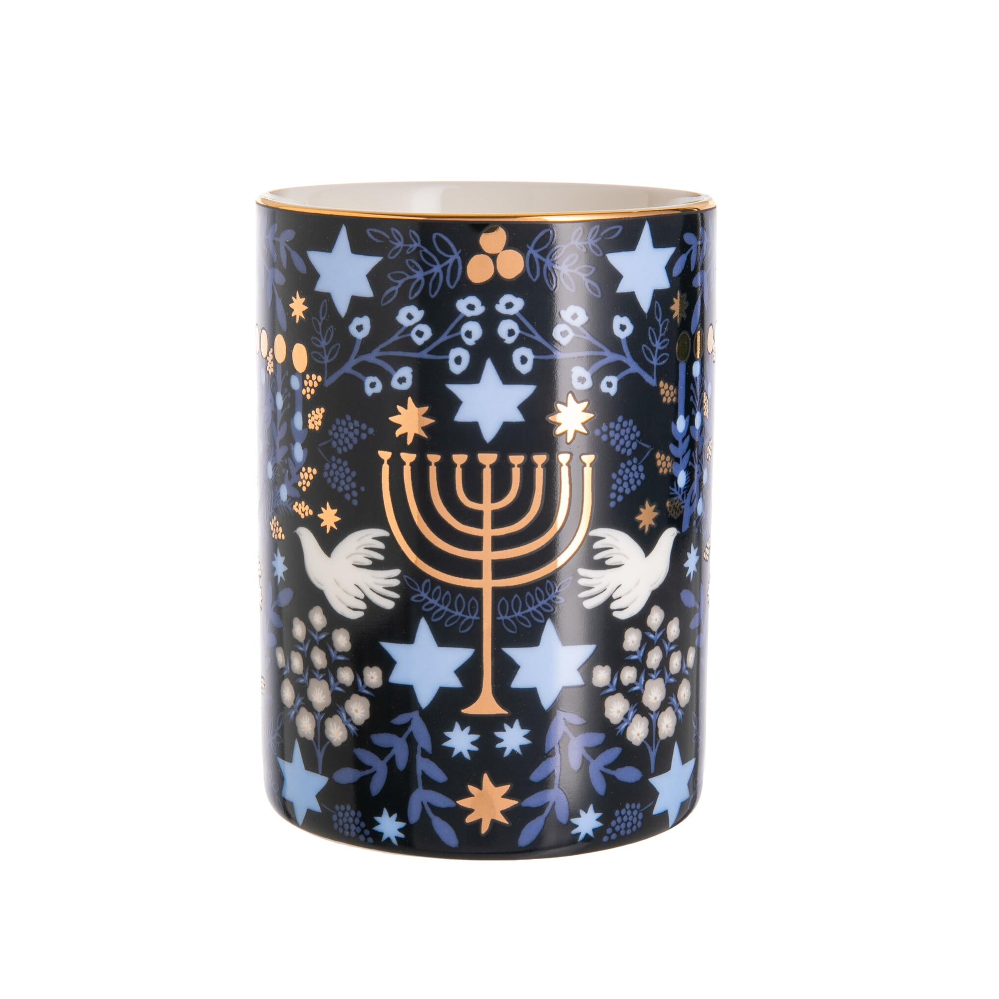 Mug with menorah, peace dove and star pattern on a white background 