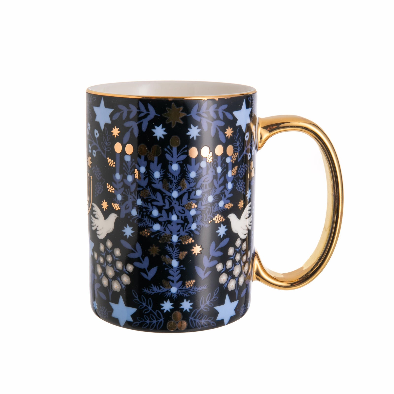 Mug with menorah, peace dove and star pattern on a white background 
