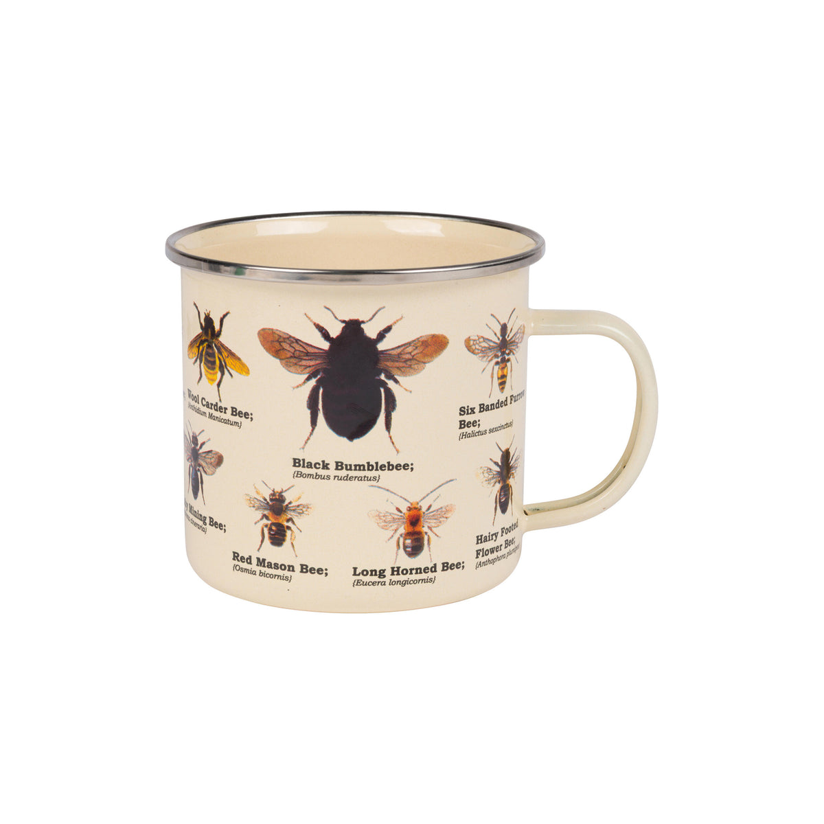 Enamel mug with illustrations of bees on a white background