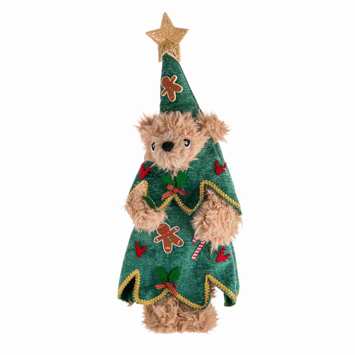 Teddy bear dressed as a Christmas tree with decorative elements on a white background