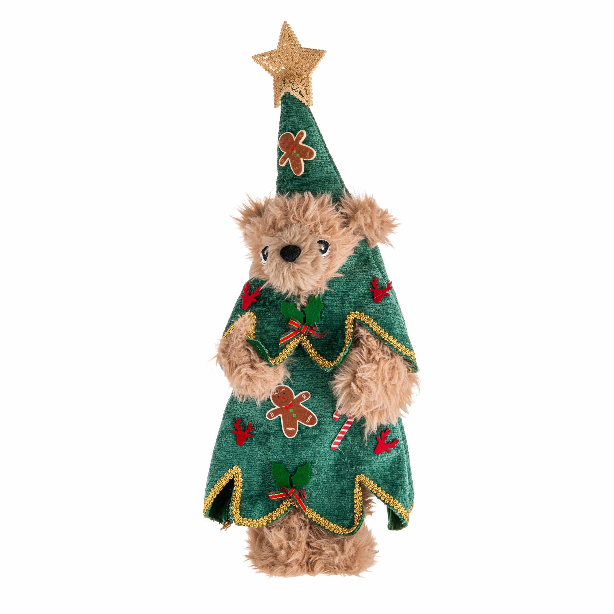 Teddy bear dressed as a Christmas tree with decorative elements on a white background