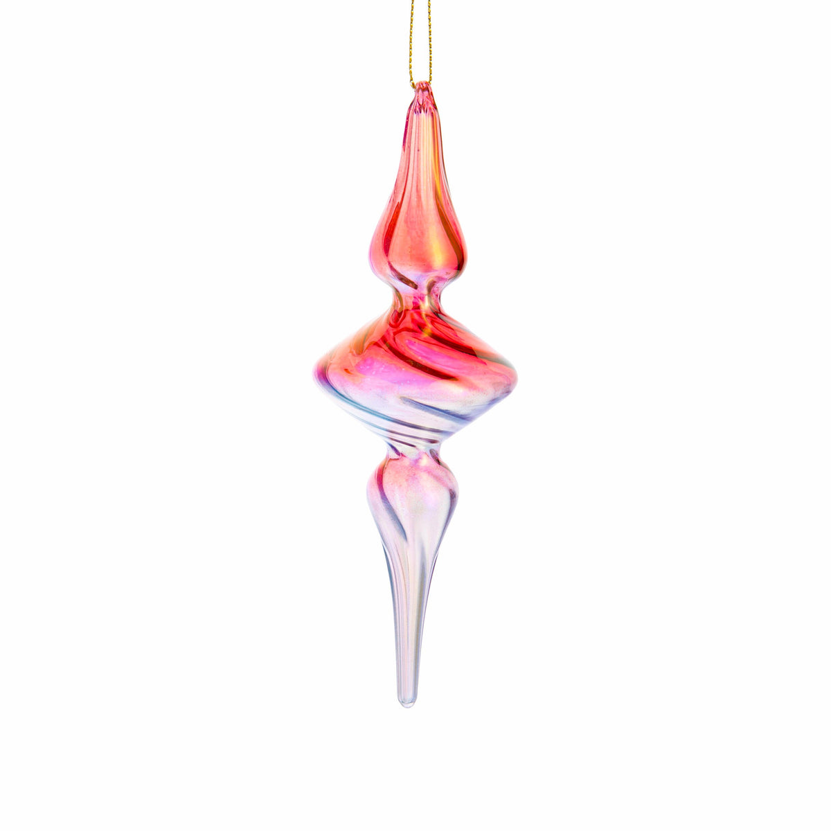 Iridescent multicolor glass spindle shaped Christmas tree ornament on a white background.