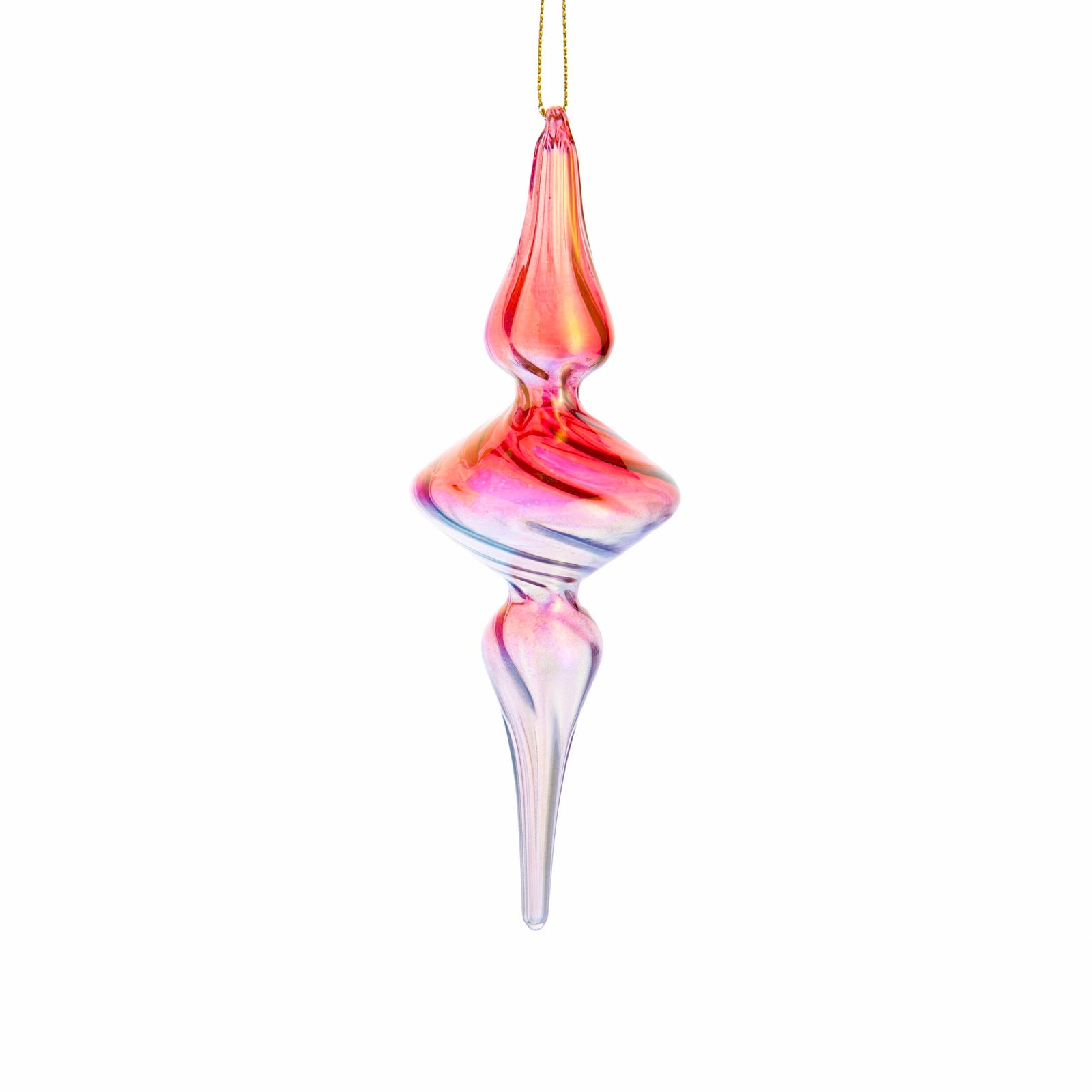 Iridescent multicolor glass spindle shaped Christmas tree ornament on a white background.