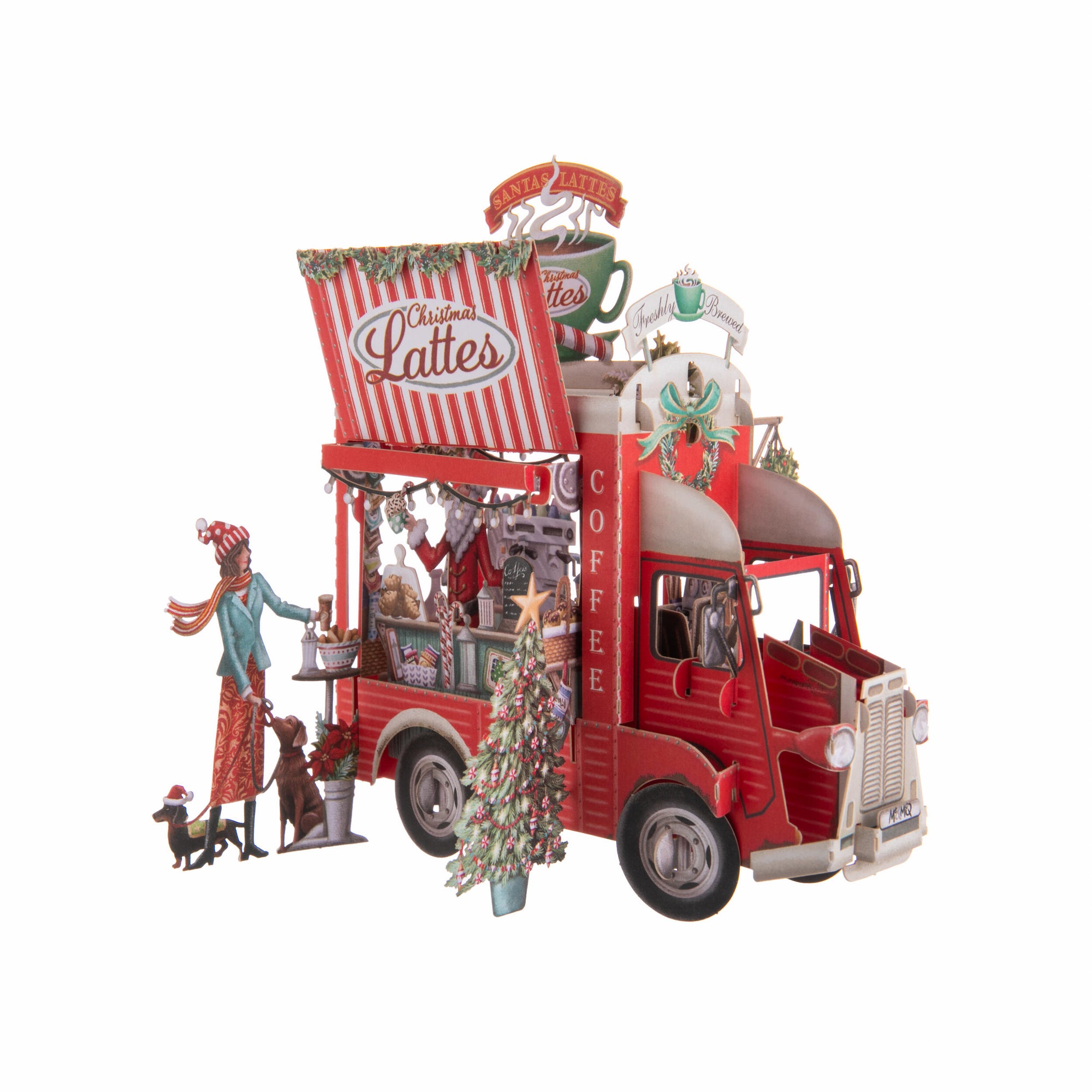 Decorative Christmas scene with a red truck, people, and festive elements on a white background