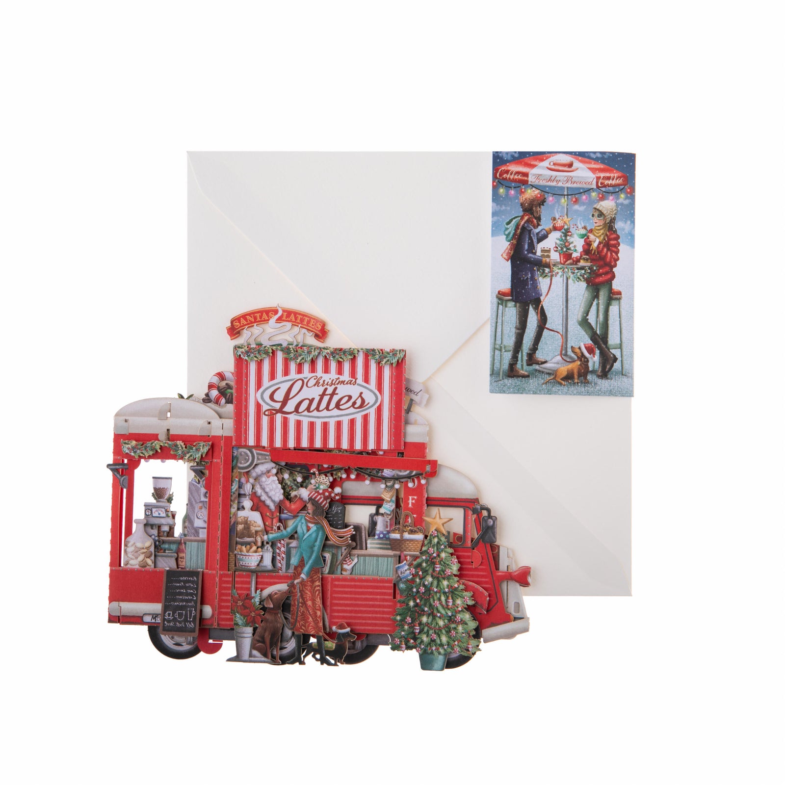 Decorative Christmas scene with a red truck, people, and festive elements on a white background