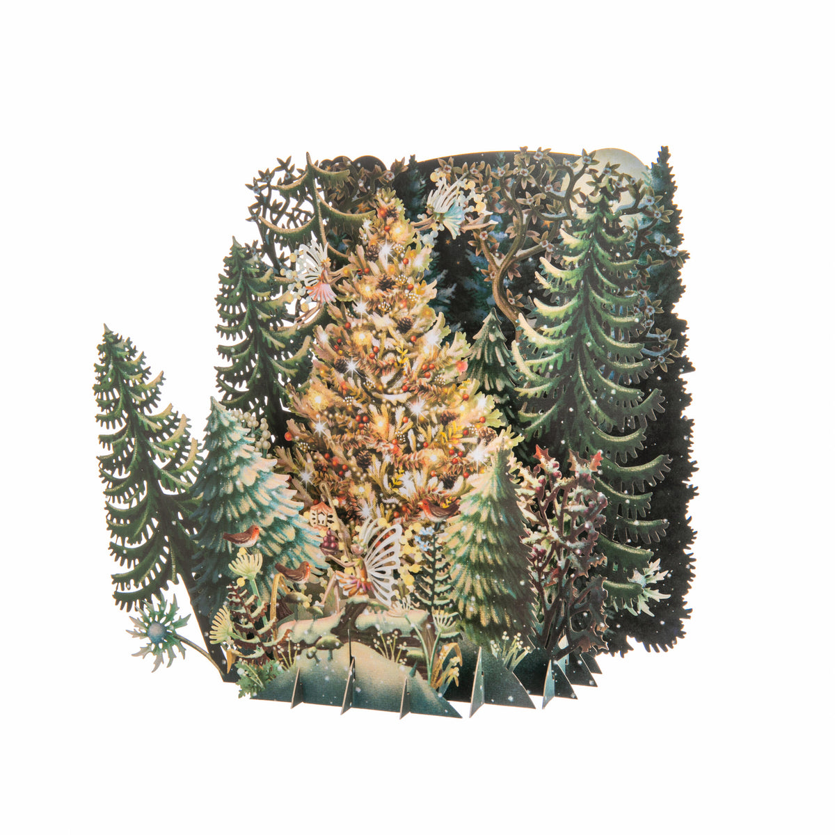 Decorative paper cutout pop up greeting card of a Christmas scene with trees and ornaments on a white background